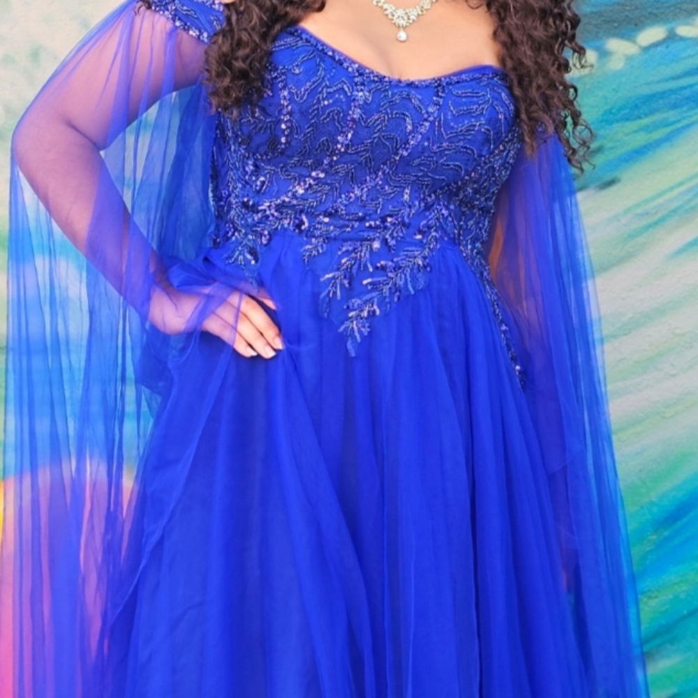 Elegant Blue Gown with Floral Embellishments